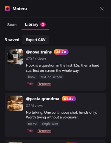 The Library tab with saved posts. Each shows its multiple, and the first carries a written note and two tags.